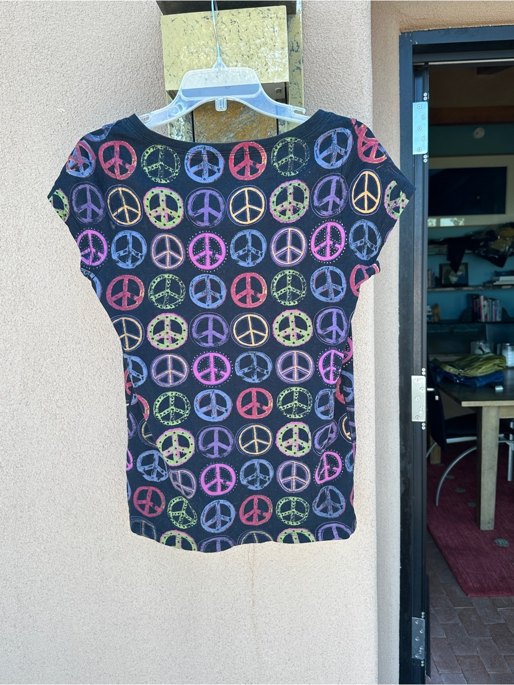 Lucky Brand Black Short Sleeve Tee with Multicolor Peace Signs - Picture 2 of 6